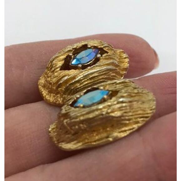 Swank Cuff Links Vintage Mid Century Gold Nuggets Blue Smoke AB Rhinestones - Picture 2 of 7